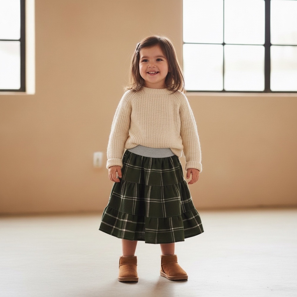 Skirt Flannel Girls 2/3 Midi Green Plaid Ruffle Tiered Cotton Mom and Pop's Kids